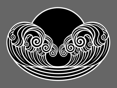 monochrome black and white abstract vintage waves and sun on gray backgroundのイラスト素材