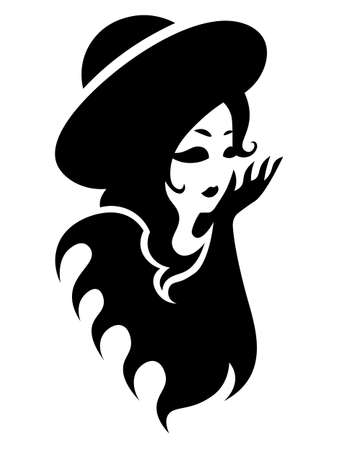cute abstract minimal retro woman in black hat on white backgroundのイラスト素材