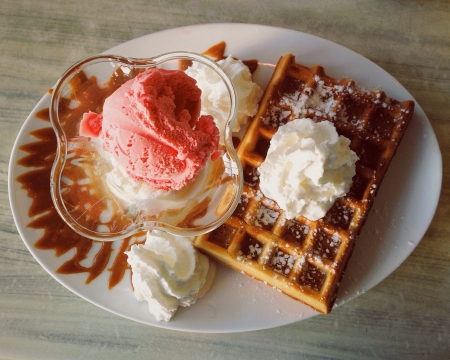 Belgian waffle and strawberry ice cream with waffleの素材