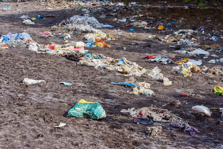 polythene trash on the beach. environmental pollution concept.の写真素材