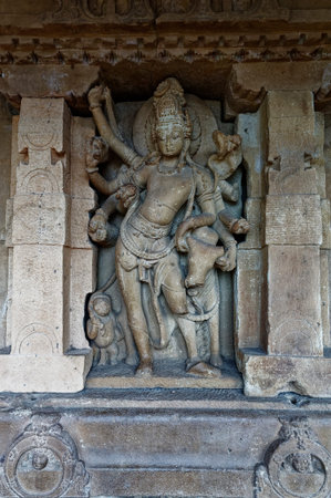 Carving of Hindu god Shiva with Nandi(Bull) on the wall of Durga temple at Aihole State Karnataka...