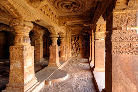 Badami cave temples The caves are important examples of Indian rock-cut architecture, especially Badami Chalukya architecture at Badami District Bagalkot State Karnataka India November 16 2009のeditorial素材