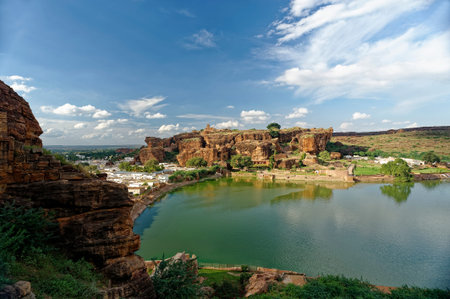 Man made lake Agastya and village and a fort at Badami District Bagalkot State Karnataka India November 16 2009のeditorial素材