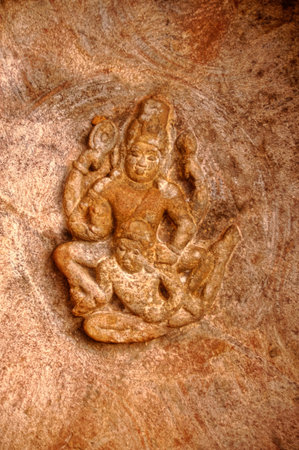 Carving of a Vishnu on Garuda (Eagle)on the ceiling of a cave at Badami District Bagalkot State...