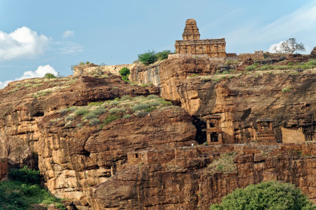 Temple on the mountain at Badami District Bagalkot State Karnataka India November 16 2009のeditorial素材
