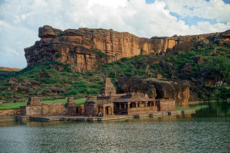 Bhootnath temple on the bank of man made lake Agasthya at Badami District Bagalkot State Karnataka India November 16 2009のeditorial素材