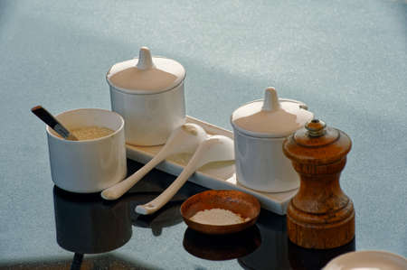 Chinese tea crockery on a black stone table at Terekhol State Goa India November 2009の写真素材