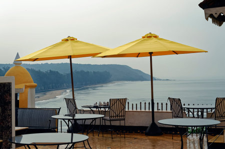 Chinese tea crockery on a black stone table at Terekhol State Goa India November 2009の写真素材