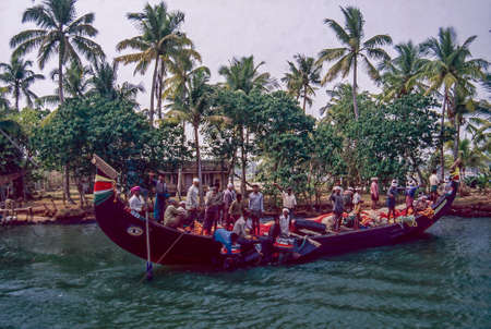 Traditional fishing boat in back water in state Kerala India 04 22 2017のeditorial素材