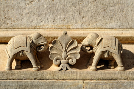 Two elephant carved on a wall of Cenotaph of Maharani Sakhya Raje Scindia at Shivpuri state Madhya...