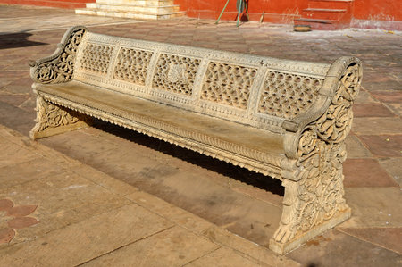 Bench carved in stone at Cenotaph of Maharani Sakhya Raje Scindia at Shivpuri state Madhya Pradesh...