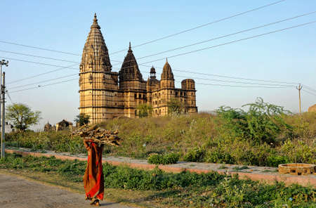 Woman carrying firewood on her head near Chaturbhuj Temple at Orchha district Niwari state Madhya Pradesh India 03 13 2010のeditorial素材