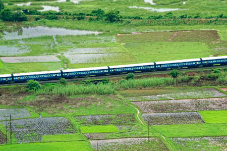 Train passing through agriculture land of Chiplun and river Vashishti  district Ratnagiri state Maharashtra India 06 25 2010の写真素材