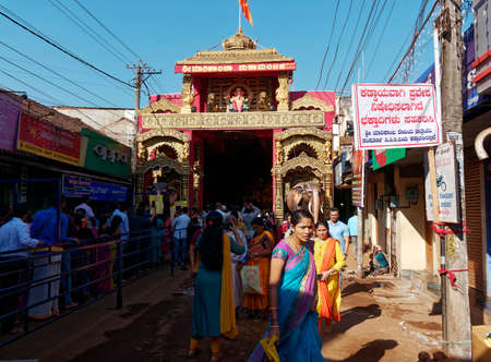 People queue for darshna in temple at Marikamba temple Sagara state Karnataka India 02 22 2020のeditorial素材