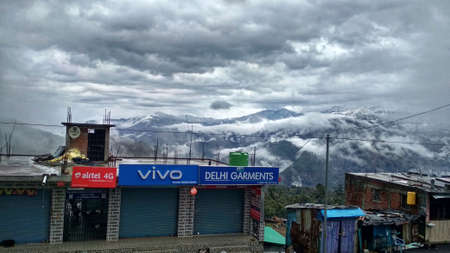 Himalayan mountain in winter and market road of Gwaldam state Uttarakhand India 03 14 2020のeditorial素材