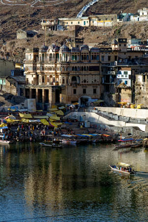 Ghat on the river of Narmada at holy place Omkareshwar district Khandva state Madhya pradesh India Asia 02 08 2007のeditorial素材