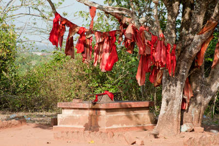 Religious cloths hanging on tree near Chittumala Amman Temple at Kollam state Kerala India 01 29 2010のeditorial素材