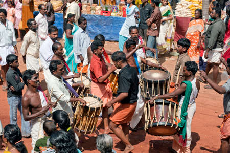 Group of musicians playing Jandai drums iat the time of Thaipusam Festival in state Kerala India 01 30 2010のeditorial素材