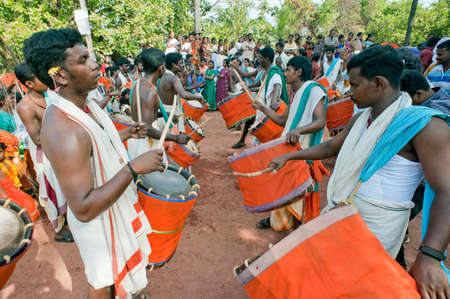 Group of musicians playing Jandai drums iat the time of Thaipusam Festival in state Kerala India 01 30 2010のeditorial素材