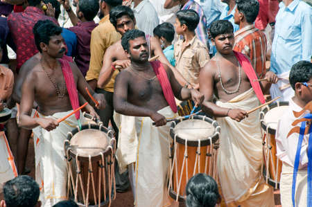 Group of musicians playing Jandai drums iat the time of Thaipusam Festival in state Kerala India 01 30 2010のeditorial素材
