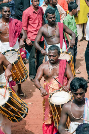 Group of musicians playing Jandai drums iat the time of Thaipusam Festival in state Kerala India 01 30 2010のeditorial素材