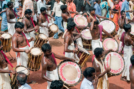 Group of musicians playing Jandai drums iat the time of Thaipusam Festival in state Kerala India 01 30 2010のeditorial素材