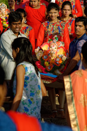 Procession of God Ganesh festival in Mumbai state Maharashtra india 09 17 2018