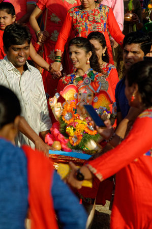 Procession of God Ganesh festival in Mumbai state Maharashtra india 09 17 2018のeditorial素材