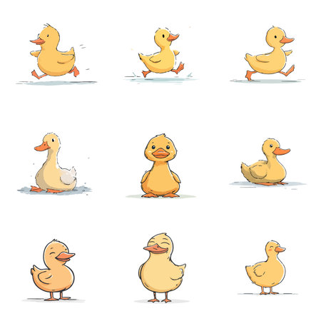 A complete illustration of a duck running, kawaii cartoon style. 
Same style as style reference. 
Simplified silhouette shape, bold continuous vector outlines, clean stroke, high contrast, simple flat colors, large solid uniform color blocks, white background. 
Single character centered in frame.のイラスト素材