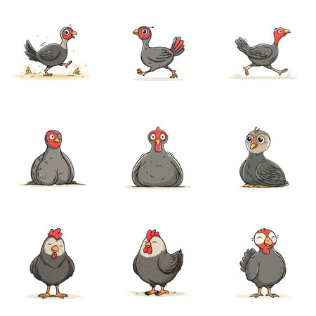 A complete illustration of a guinea fowl running, kawaii cartoon style. 
Same style as style reference. 
Simplified silhouette shape, bold continuous vector outlines, clean stroke, high contrast, simple flat colors, large solid uniform color blocks, white background. 
Single character centered in frame.のイラスト素材