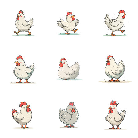 A complete illustration of a farm bird running, kawaii cartoon style. 
Same style as style reference. 
Simplified silhouette shape, bold continuous vector outlines, clean stroke, high contrast, simple flat colors, large solid uniform color blocks, white background. 
Single character centered in frame.のイラスト素材