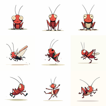 A complete illustration of a cricket, kawaii cartoon style. Same style as style reference. Simplified silhouette shape, bold continuous vector outlines, clean stroke, high contrast, simple flat colors, large solid uniform color blocks, white background. Single character centered.のイラスト素材