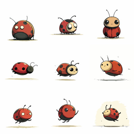 A complete illustration of a ladybug, kawaii cartoon style. Same style as style reference. Simplified silhouette shape, bold continuous vector outlines, clean stroke, high contrast, simple flat colors, large solid uniform color blocks, white background. Single character centered.のイラスト素材