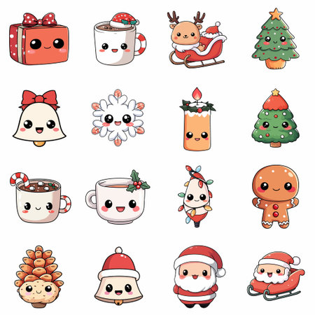 A complete illustration of Wrapped Mug Sleigh Christmas Bell Snowflake Christmas Christmas Hot Mug Christmas Gingerbread Pine Bell Santa Santa, christmas cartoon kawaii style. Simplified silhouette shape, Same style as style reference, thick continuous vector outlines, clean stroke, high contrast, simple flat colors, large solid uniform color blocks, white background. Single character centered.のイラスト素材