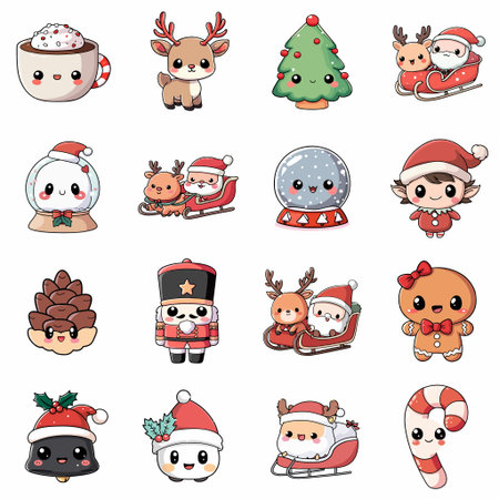 A complete illustration of Hot Reindeer Pine Santa Snow Sleigh, christmas cartoon kawaii style. Simplified silhouette shape, Same style as style reference, thick continuous vector outlines, clean stroke, high contrast, simple flat colors, large solid uniform color blocks, white background. Single character centered.のイラスト素材