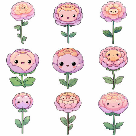 A complete illustration of a Ranunculus, cartoon kawaii style. Simplified silhouette shape, Same style as style reference, thick continuous vector outlines, clean stroke, high contrast, simple flat colors, large solid uniform color blocks, white background. Single character centered.のイラスト素材