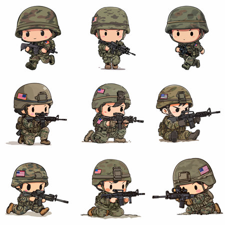 A complete illustration of a American soldier, cartoon kawaii style. Simplified silhouette shape, Same style as style reference, thick continuous vector outlines, clean stroke, high contrast, simple flat colors, large solid uniform color blocks, white background. Single character centered.のイラスト素材