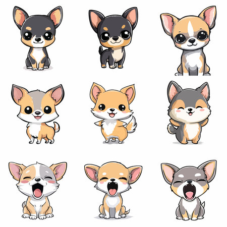 A complete illustration of a Chihuahua, cartoon kawaii style. Simplified silhouette shape, Same style as style reference, thick continuous vector outlines, clean stroke, high contrast, simple flat colors, large solid uniform color blocks, white background. Single character centered.のイラスト素材