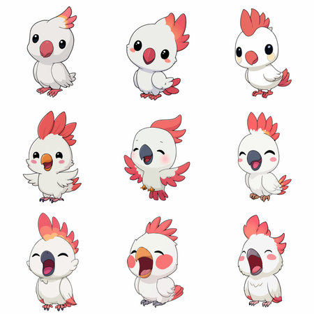 A complete illustration of a Cockatoo, cartoon kawaii style. Simplified silhouette shape, Same style as style reference, thick continuous vector outlines, clean stroke, high contrast, simple flat colors, large solid uniform color blocks, white background. Single character centered.のイラスト素材
