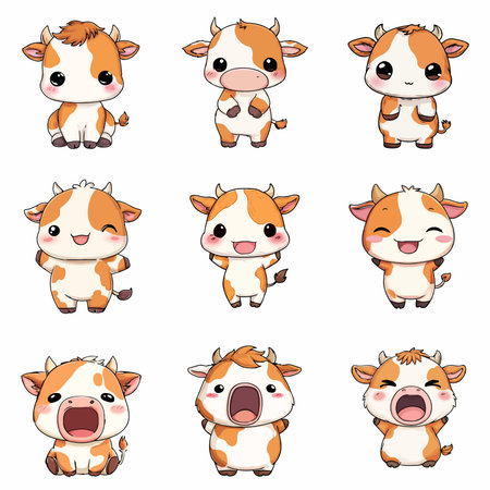 A complete illustration of a Cow, cartoon kawaii style. Simplified silhouette shape, Same style as style reference, thick continuous vector outlines, clean stroke, high contrast, simple flat colors, large solid uniform color blocks, white background. Single character centered.のイラスト素材