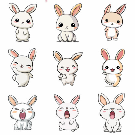 A complete illustration of a Rabbit, cartoon kawaii style. Simplified silhouette shape, Same style as style reference, thick continuous vector outlines, clean stroke, high contrast, simple flat colors, large solid uniform color blocks, white background. Single character centered.のイラスト素材