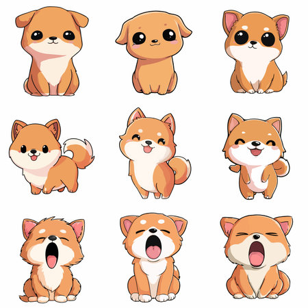A complete illustration of a Dog, cartoon kawaii style. Simplified silhouette shape, Same style as style reference, thick continuous vector outlines, clean stroke, high contrast, simple flat colors, large solid uniform color blocks, white background. Single character centered.のイラスト素材