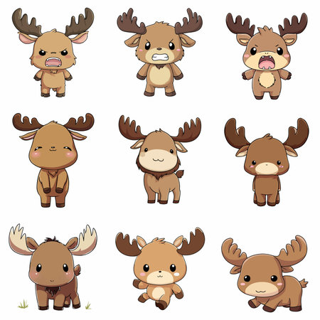 A complete illustration of a Moose, cartoon kawaii style. Simplified silhouette shape, Same style as style reference, thick continuous vector outlines, clean stroke, high contrast, simple flat colors, large solid uniform color blocks, white background. Single character centered.のイラスト素材