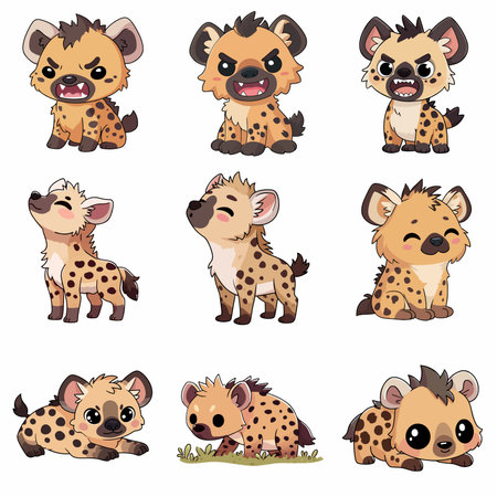 A complete illustration of a Spotted hyena, cartoon kawaii style. Simplified silhouette shape, Same style as style reference, thick continuous vector outlines, clean stroke, high contrast, simple flat colors, large solid uniform color blocks, white background. Single character centered.のイラスト素材