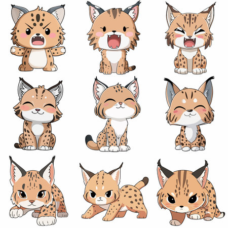 A complete illustration of a Lynx, cartoon kawaii style. Simplified silhouette shape, Same style as style reference, thick continuous vector outlines, clean stroke, high contrast, simple flat colors, large solid uniform color blocks, white background. Single character centered.のイラスト素材