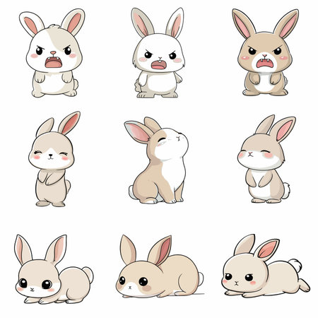 A complete illustration of a Rabbit, cartoon kawaii style. Simplified silhouette shape, Same style as style reference, thick continuous vector outlines, clean stroke, high contrast, simple flat colors, large solid uniform color blocks, white background. Single character centered.のイラスト素材