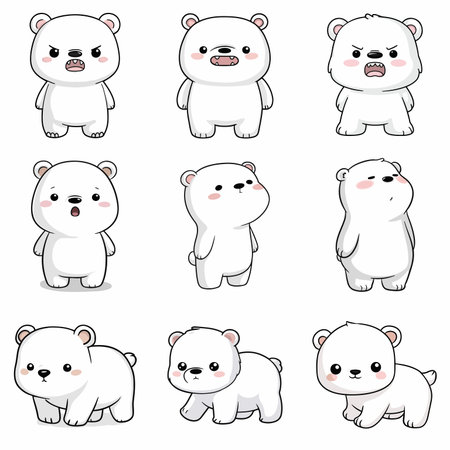 A complete illustration of a Polar bear, cartoon kawaii style. Simplified silhouette shape, Same style as style reference, thick continuous vector outlines, clean stroke, high contrast, simple flat colors, large solid uniform color blocks, white background. Single character centered.のイラスト素材