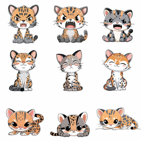 A complete illustration of a Ocelot, cartoon kawaii style. Simplified silhouette shape, Same style...