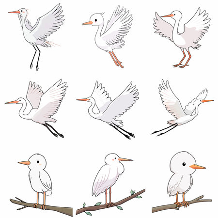 A complete illustration of a egret, cartoon kawaii style. Simplified silhouette shape, Same style as style reference, thick continuous vector outlines, clean stroke, high contrast, simple flat colors, large solid uniform color blocks, white background. Single character centered.のイラスト素材