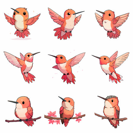 A complete illustration of a hummingbird, cartoon kawaii style. Simplified silhouette shape, Same style as style reference, thick continuous vector outlines, clean stroke, high contrast, simple flat colors, large solid uniform color blocks, white background. Single character centered.のイラスト素材